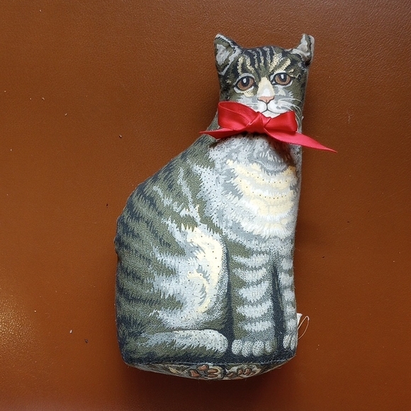 The Toy Works Other - Small Cat Shaped Accent Pillow, Tiger Tabby Feline Kitten, Red Ribbon, Vintage